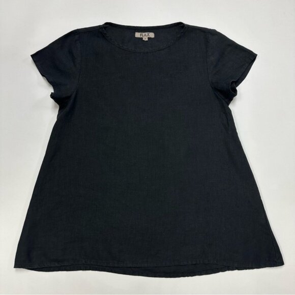 FLAX solid black linen round neck short cap sleeve top Medium minimalist - Picture 1 of 10
